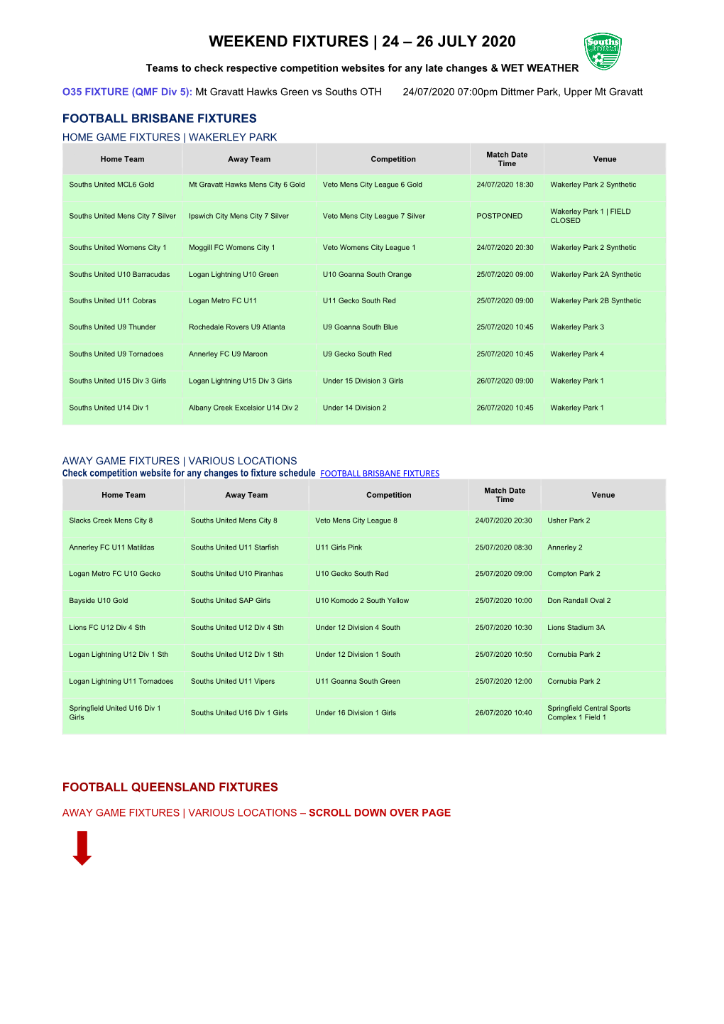 Weekend Fixtures | 24 – 26 July 2020