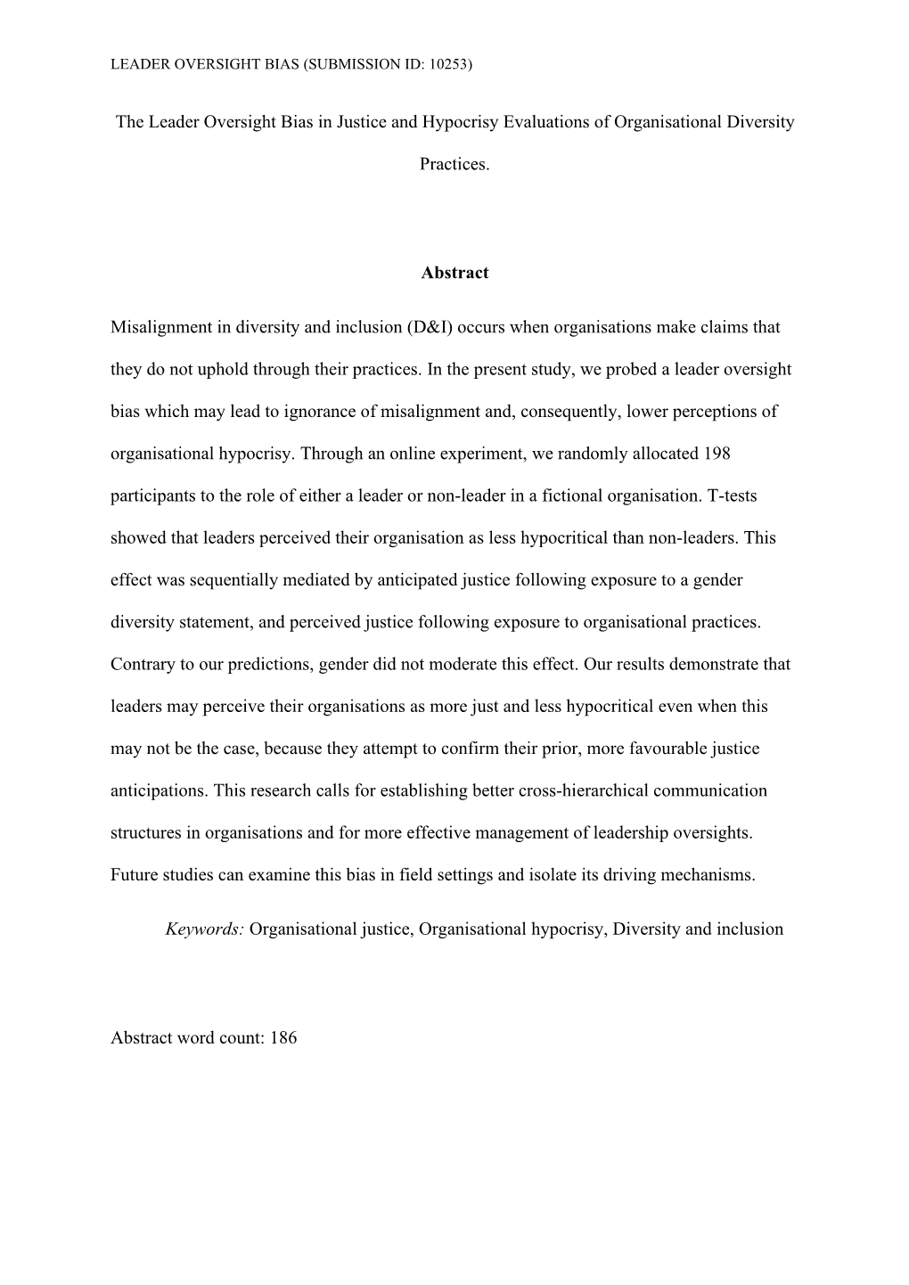 The Leader Oversight Bias in Justice and Hypocrisy Evaluations of Organisational Diversity