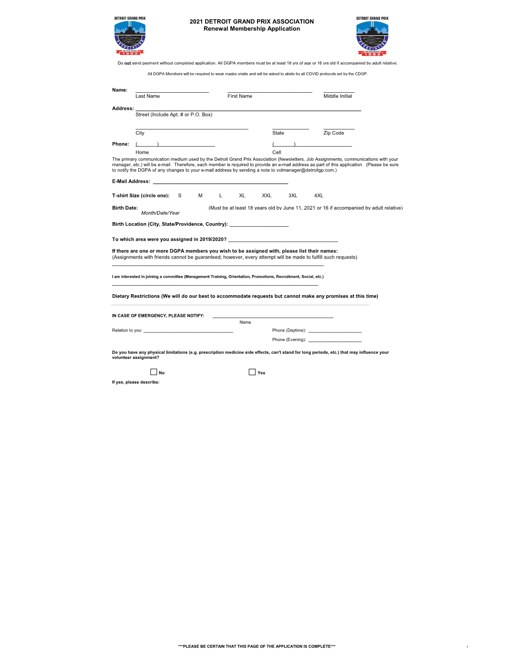 2021 DETROIT GRAND PRIX ASSOCIATION Renewal Membership Application