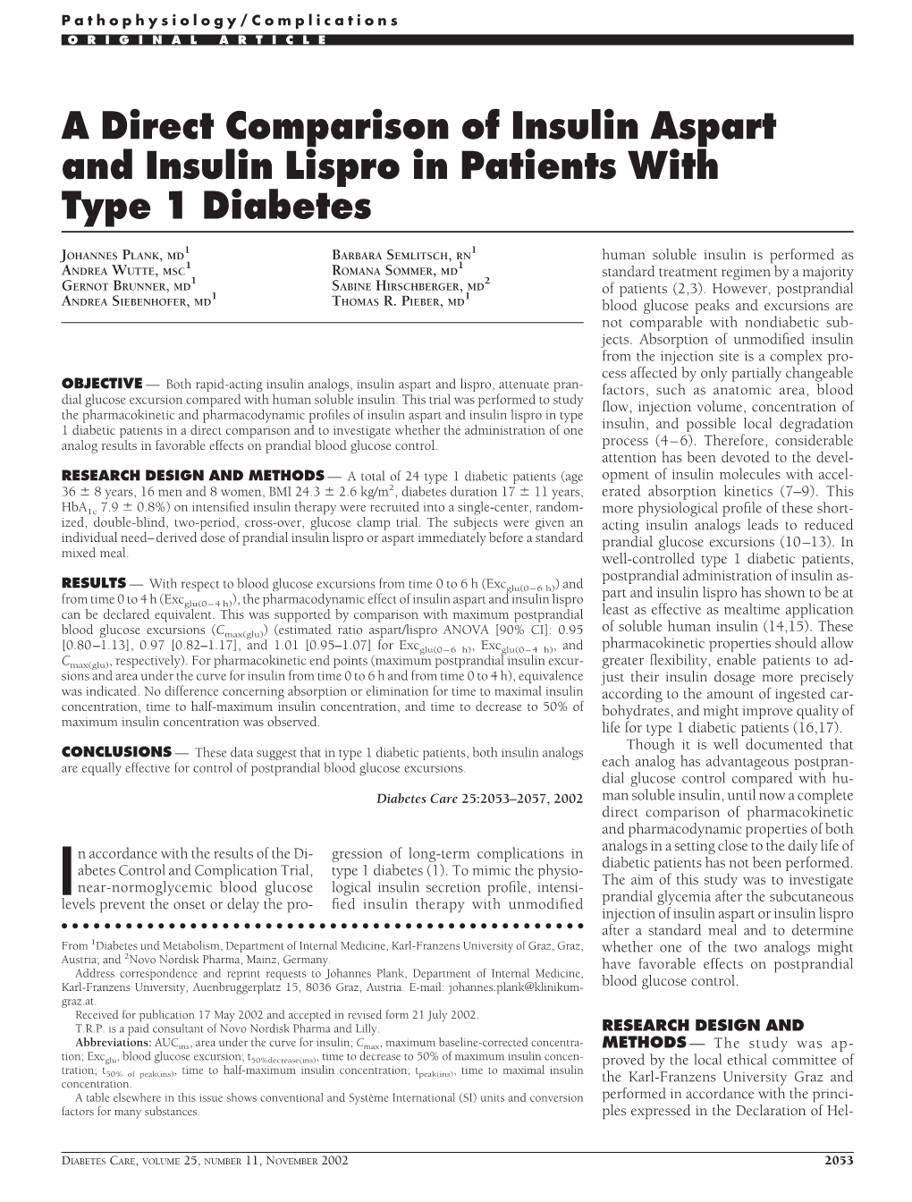 A Direct Comparison of Insulin Aspart and Insulin Lispro in Patients with Type 1 Diabetes