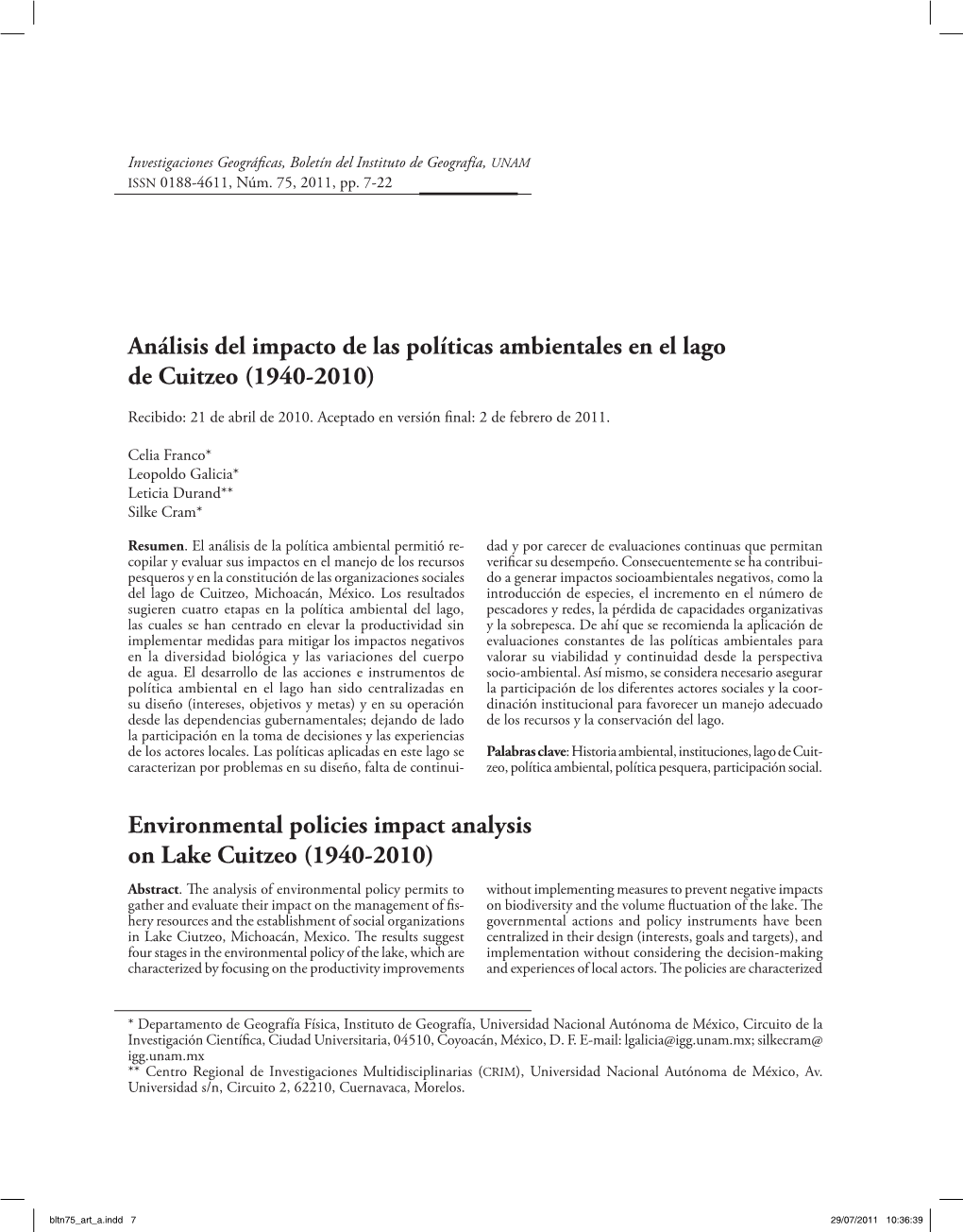 Análisis Del Impacto De Las Políticas Ambientales En El Lago De Cuitzeo (1940-2010)