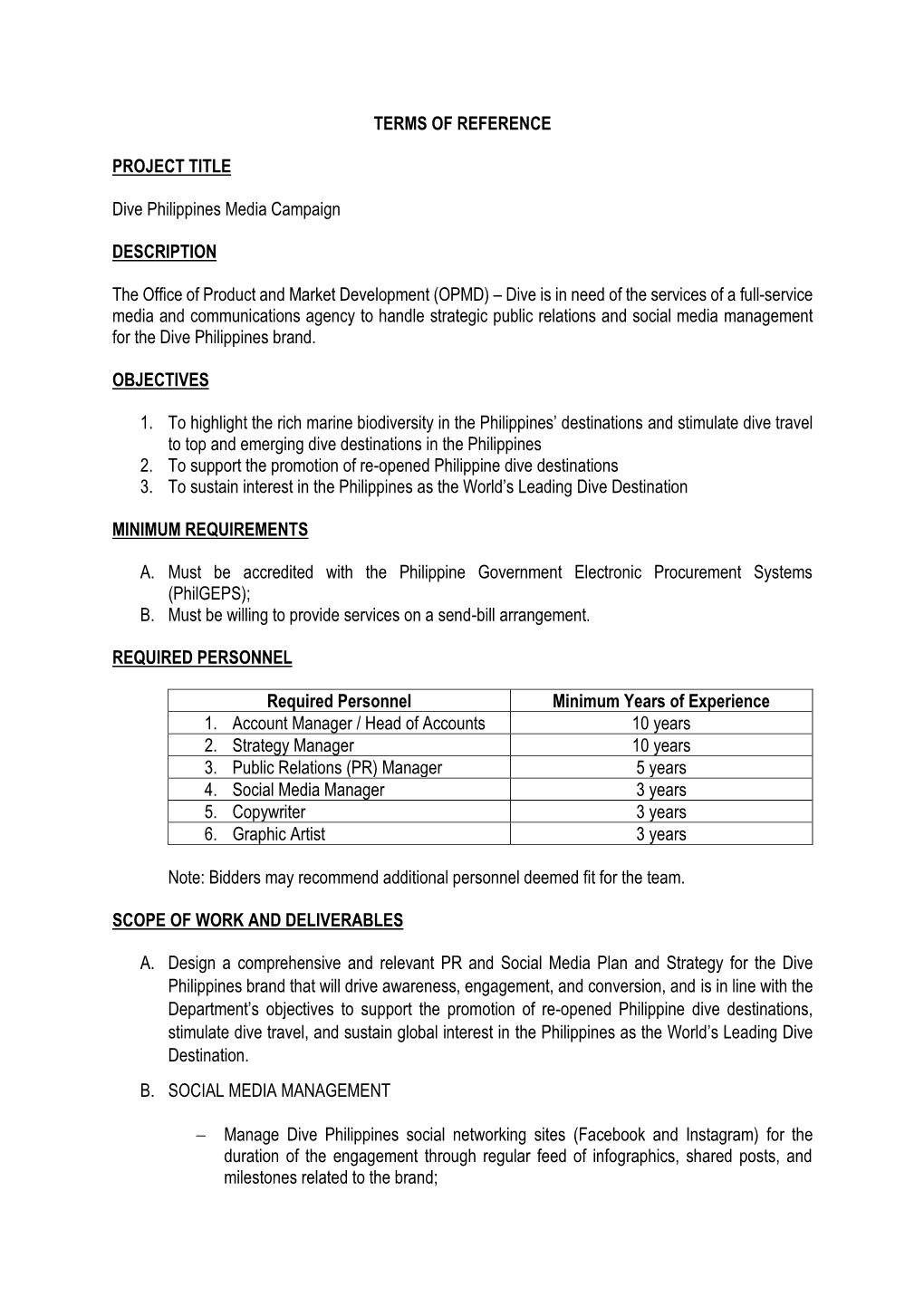 TERMS of REFERENCE PROJECT TITLE Dive Philippines Media