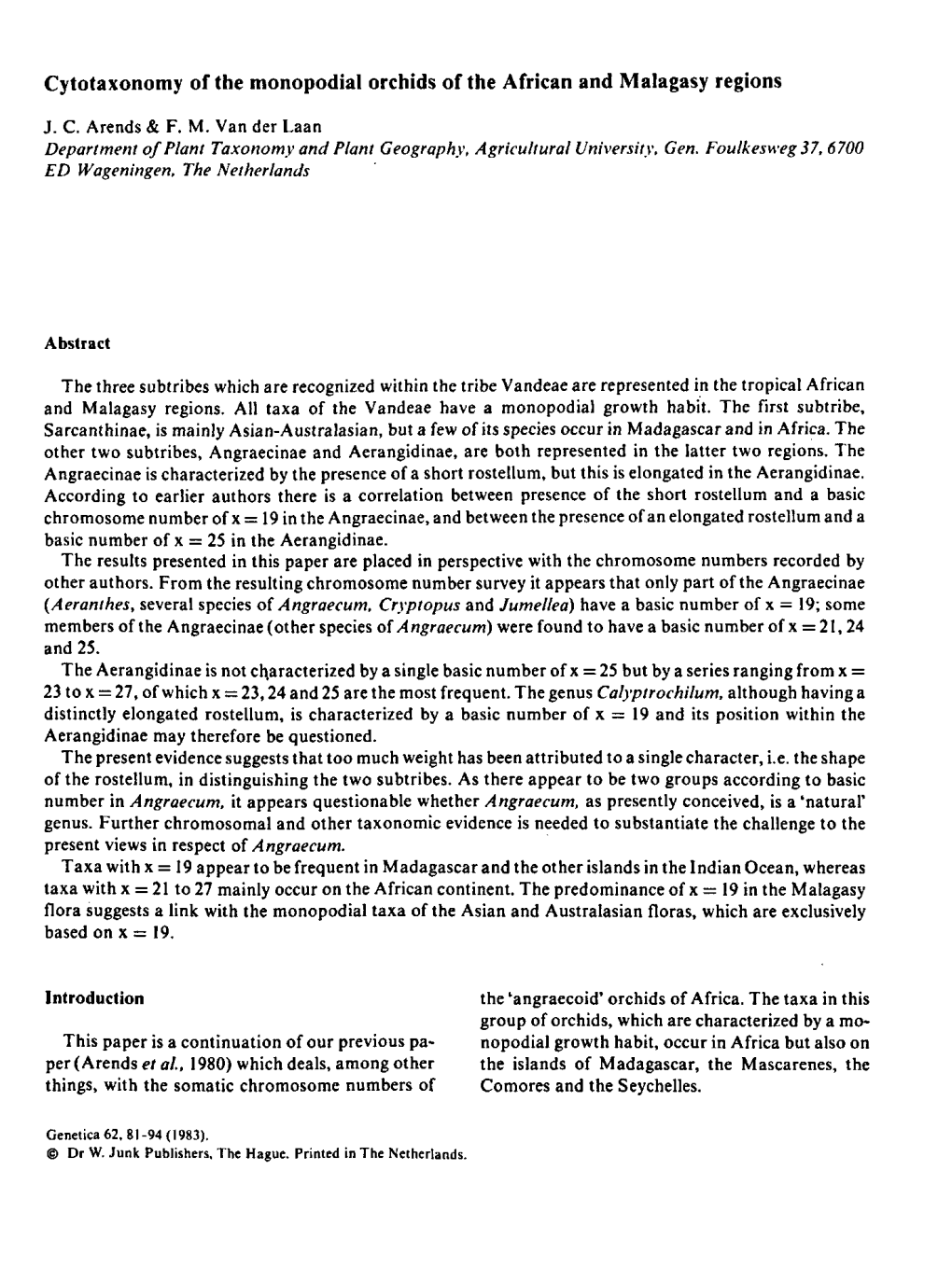 Cytotaxonomy of the Monopodial Orchids of the African and Malagasy Regions