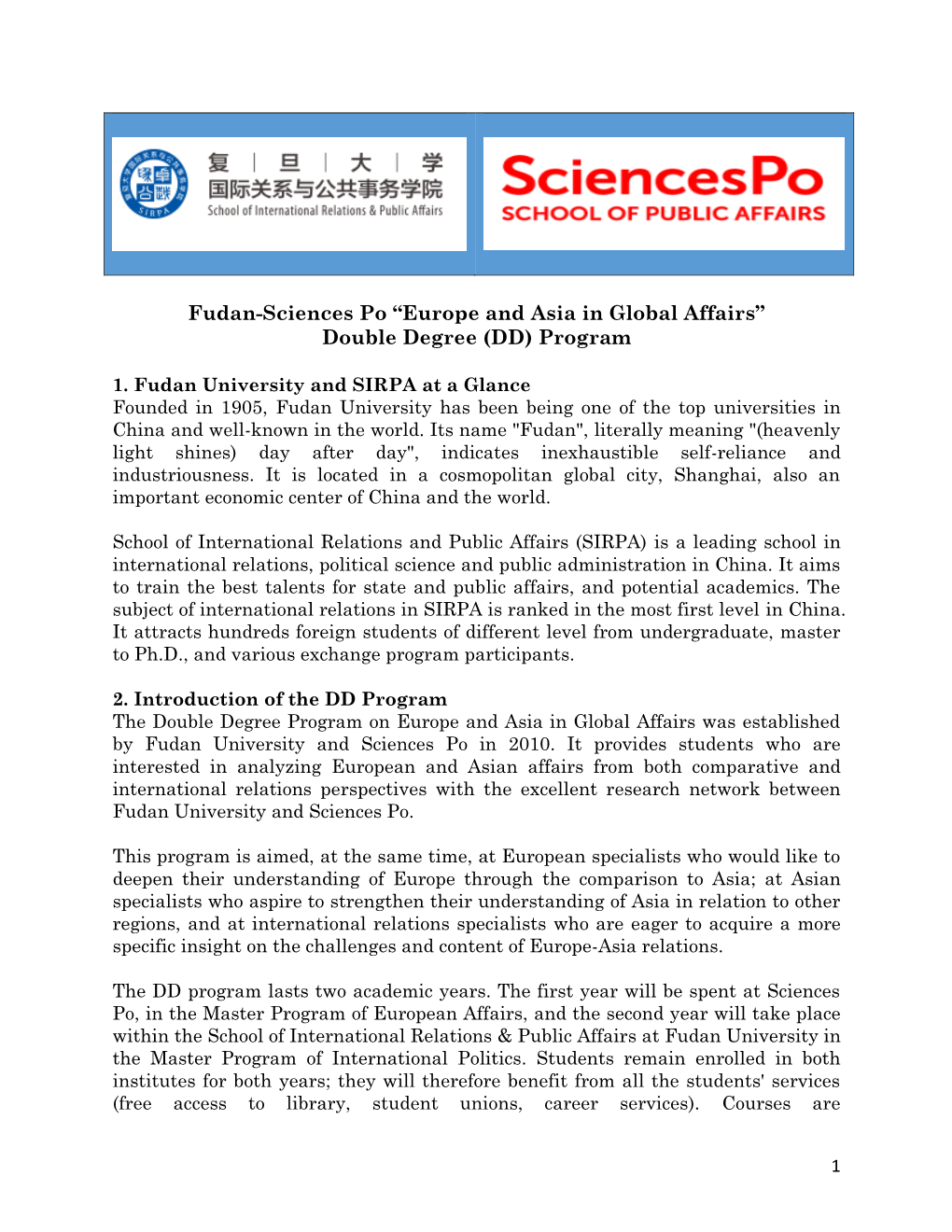 Fudan-Sciences Po “Europe and Asia in Global Affairs” Double Degree (DD) Program