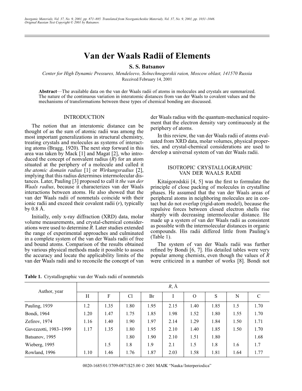 Van Der Waals Radii of Elements S