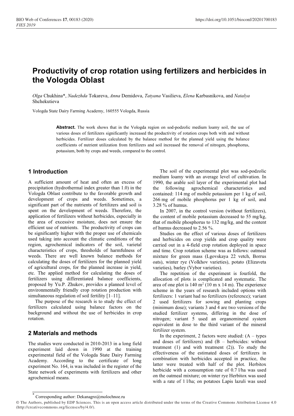 Productivity of Crop Rotation Using Fertilizers and Herbicides in the Vologda Oblast