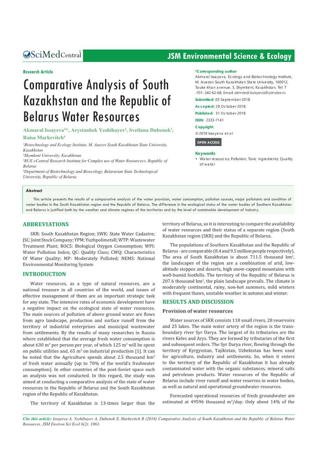 Comparative Analysis of South Kazakhstan and the Republic of Belarus Water Resources