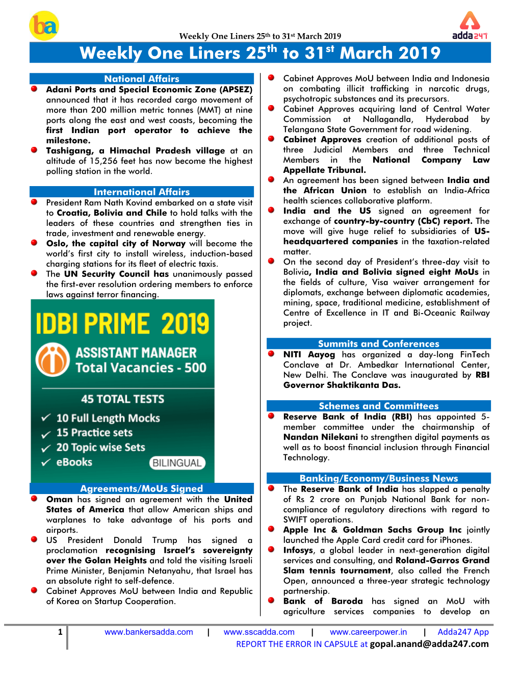 Weekly One Liners 25Th to 31St March 2019 Weekly One Liners 25Th to 31St March 2019