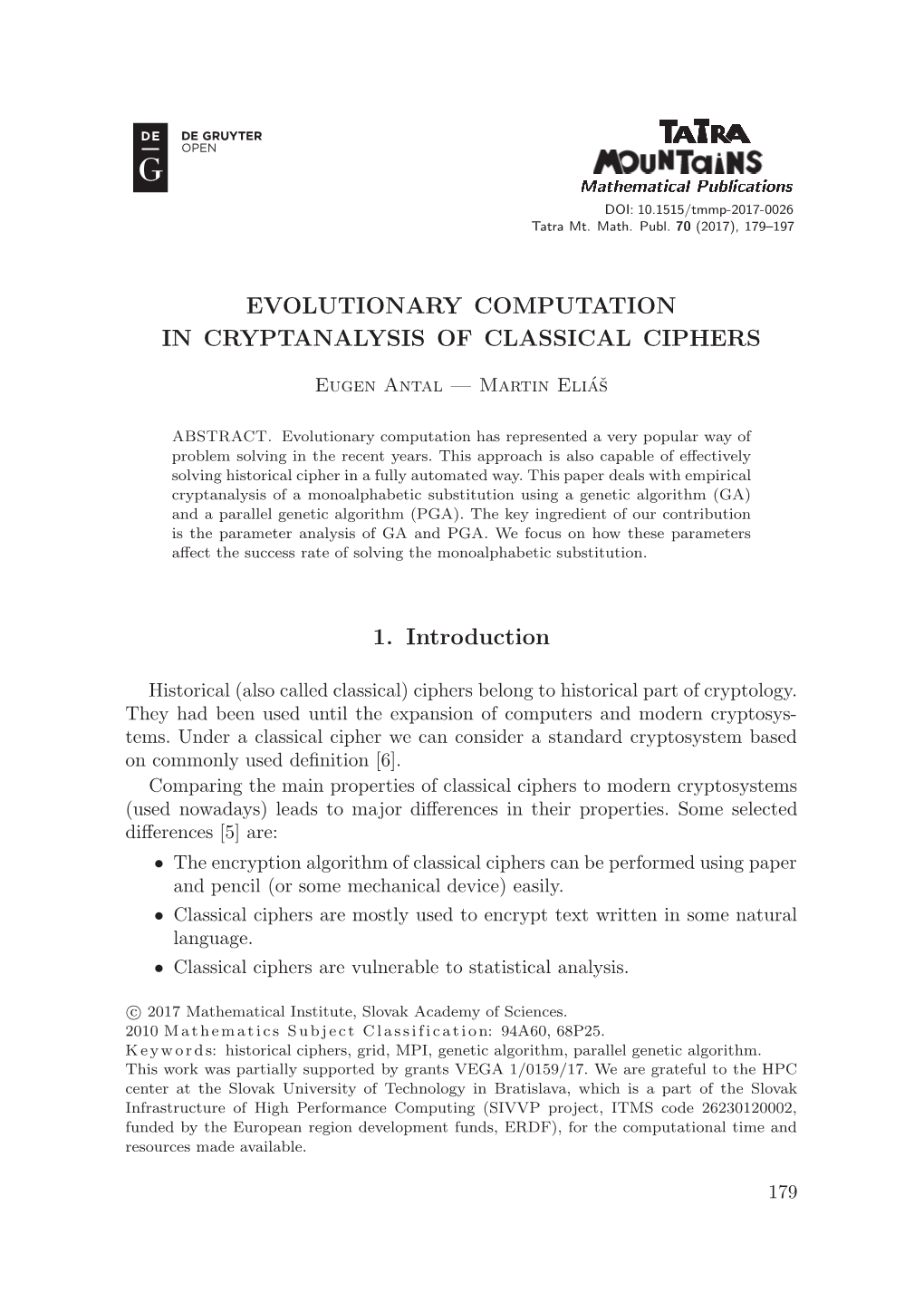 EVOLUTIONARY COMPUTATION in CRYPTANALYSIS of CLASSICAL CIPHERS 1. Introduction