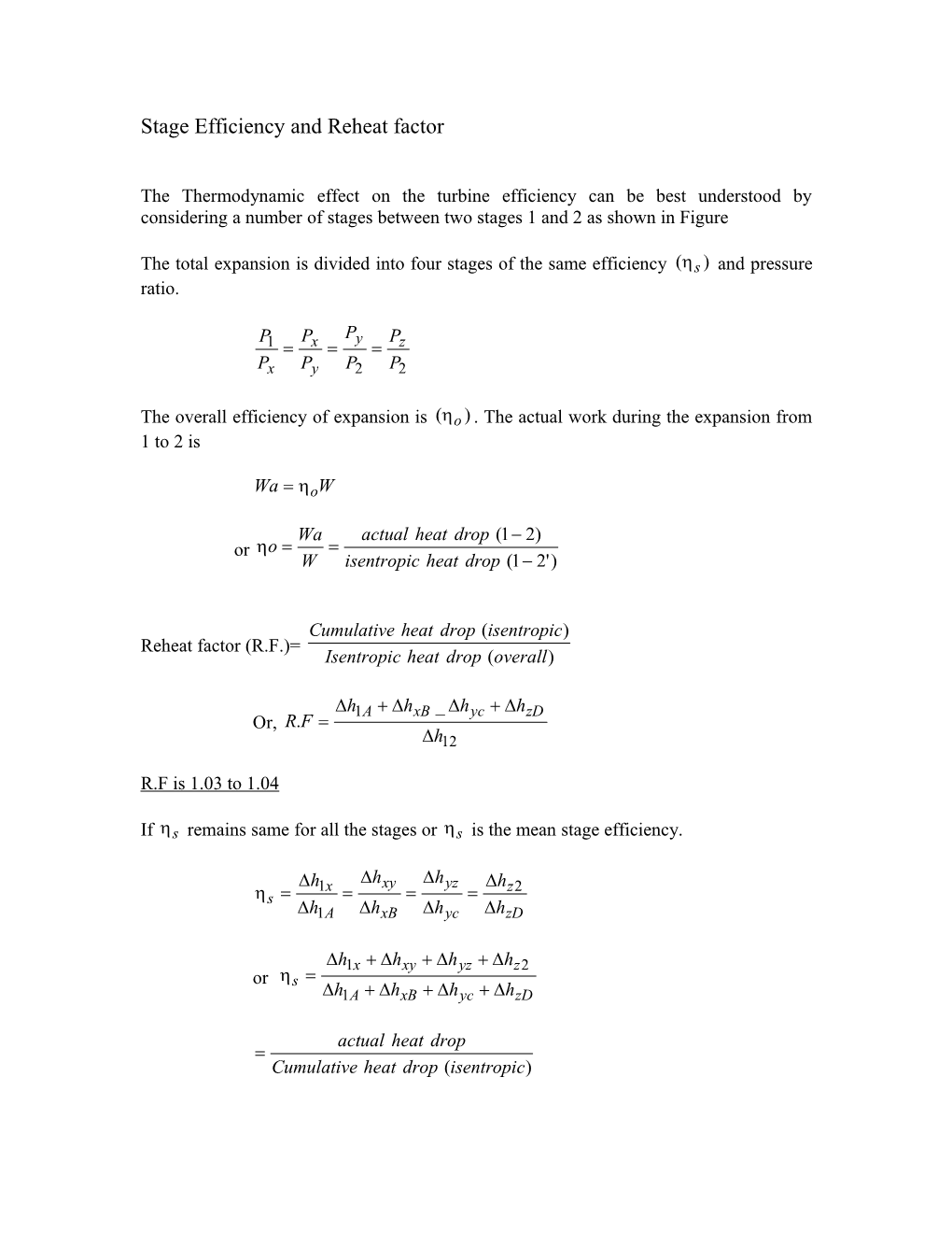 Stage Efficiency and Reheat Factor