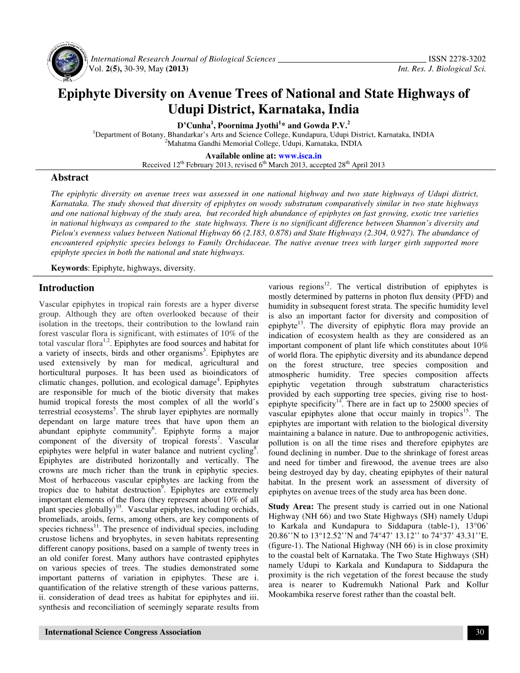 Epiphyte Diversity on Avenue Trees of National and State Highways of Udupi District, Karnataka, India