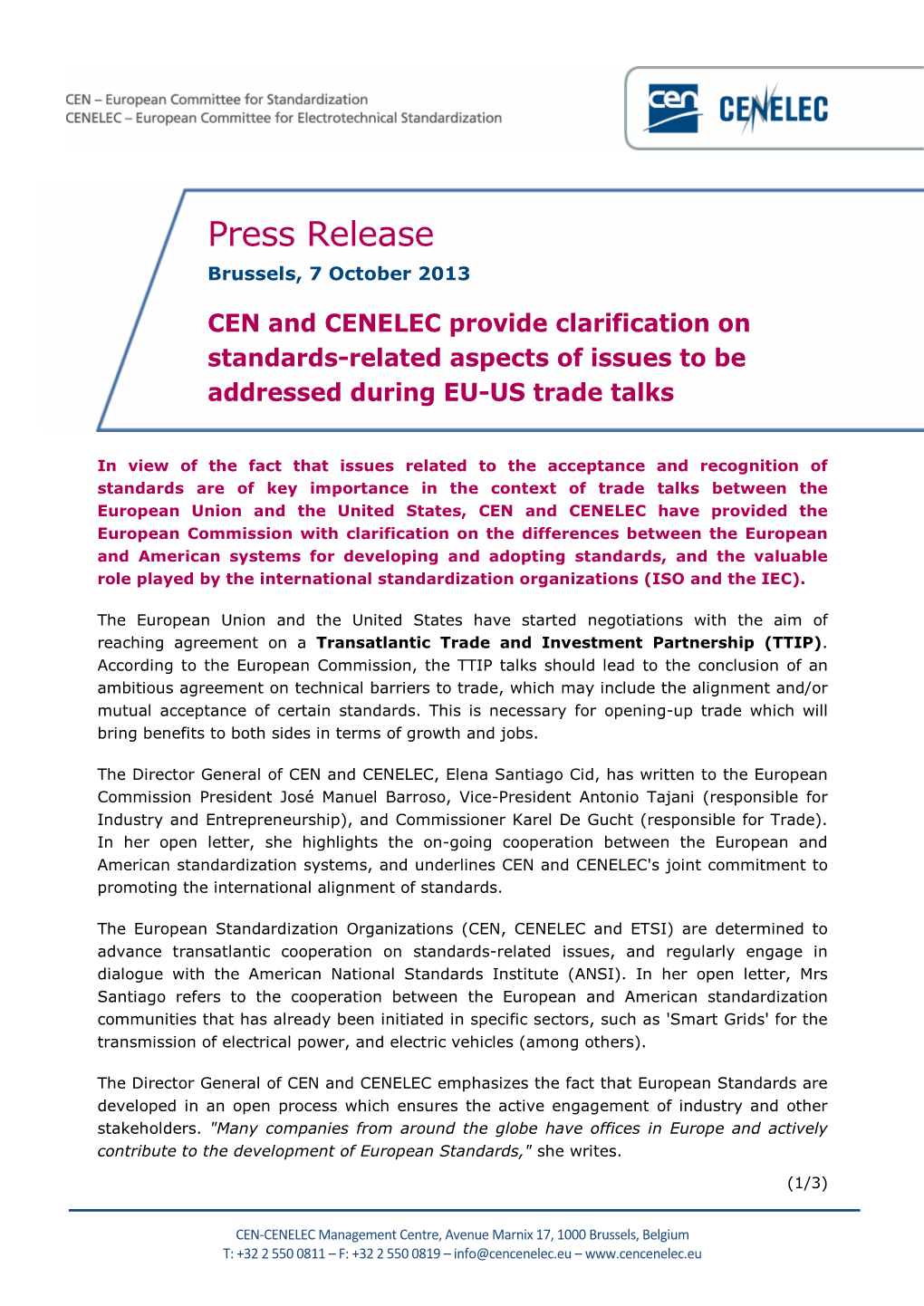 Press Release Brussels, 7 October 2013