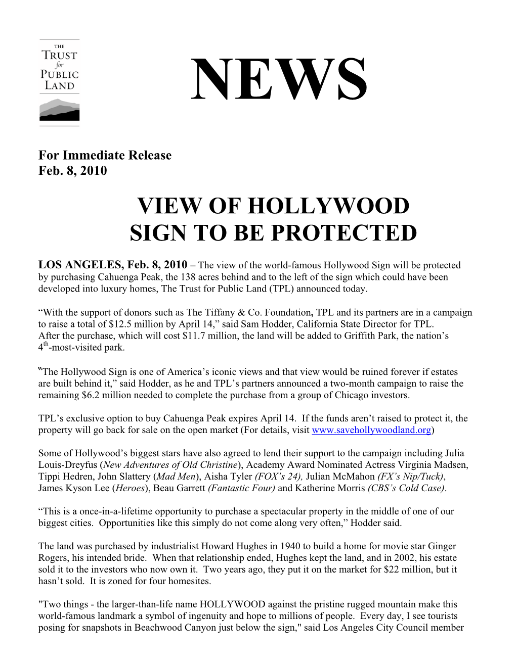 View of Hollywood Sign to Be Protected