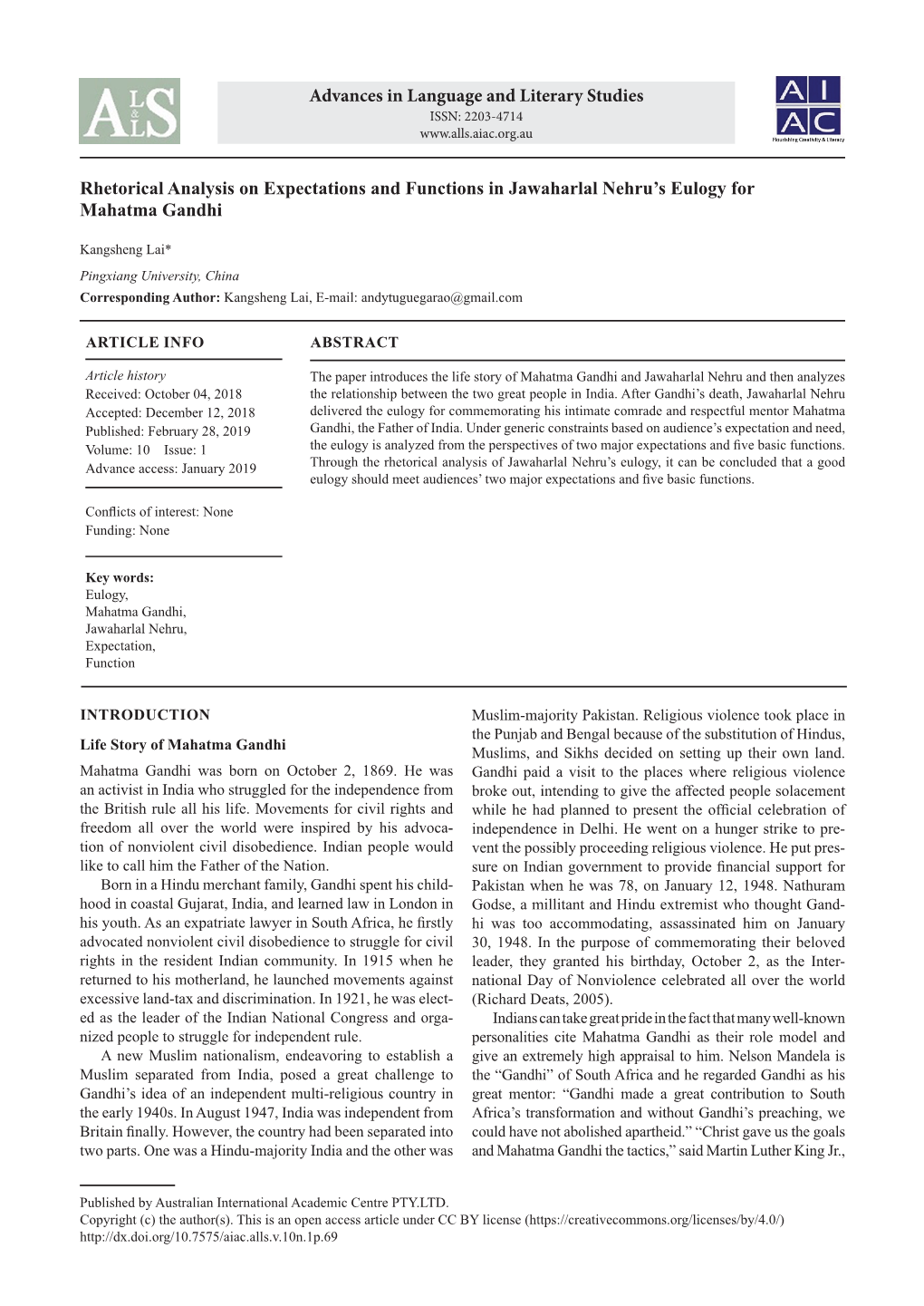 Rhetorical Analysis on Expectations and Functions in Jawaharlal Nehru’S Eulogy for Mahatma Gandhi