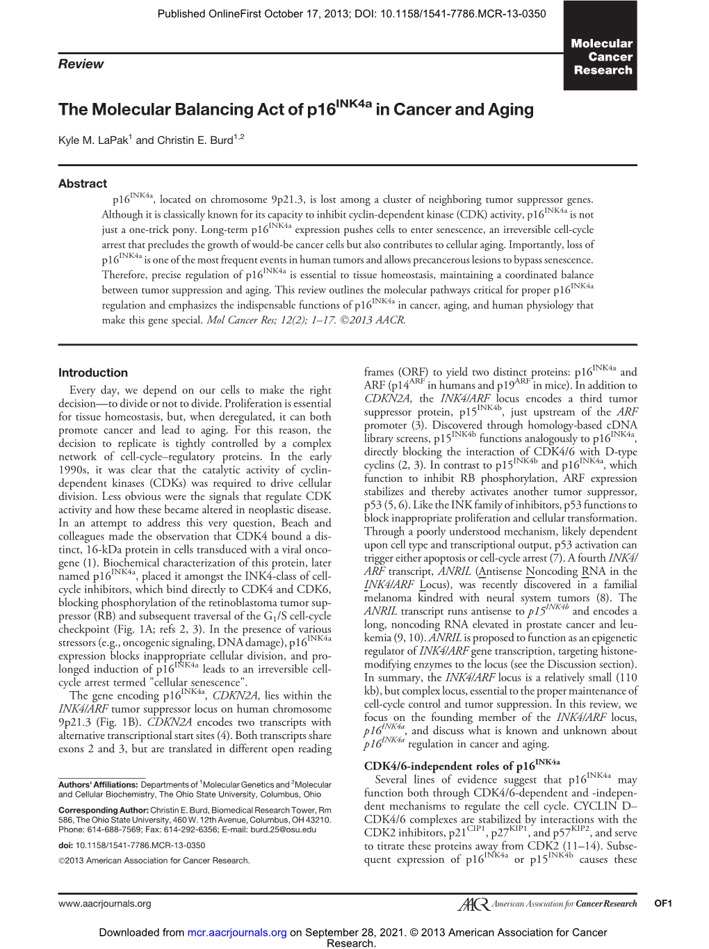 The Molecular Balancing Act of P16 in Cancer and Aging