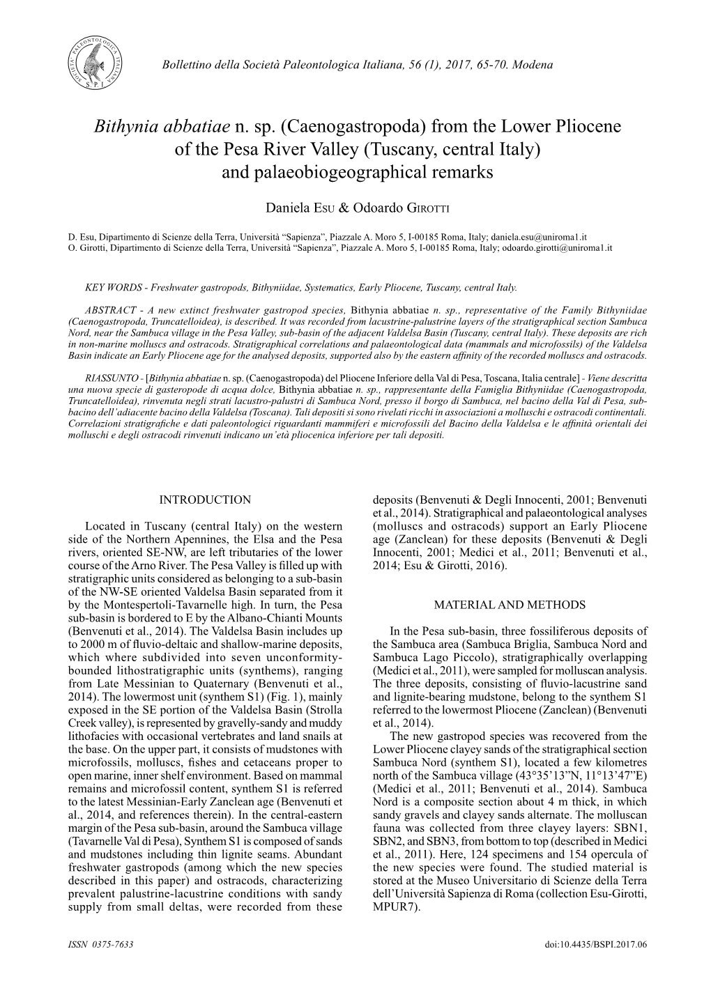 Bithynia Abbatiae N. Sp. (Caenogastropoda) from the Lower Pliocene of the Pesa River Valley (Tuscany, Central Italy) and Palaeobiogeographical Remarks