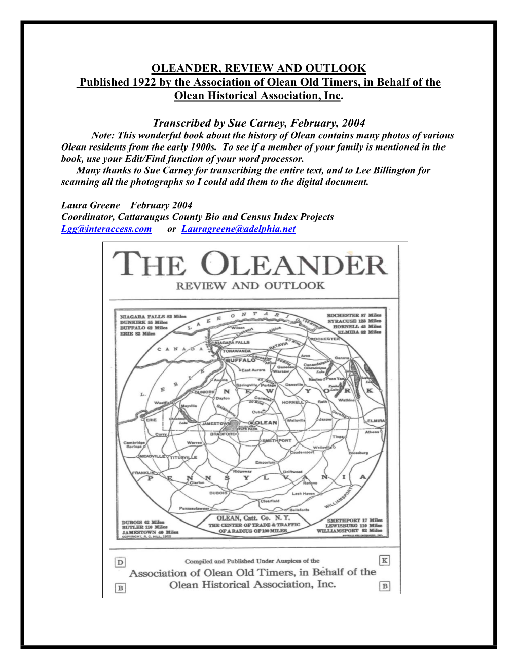 OLEANDER, REVIEW and OUTLOOK Published 1922 by the Association of Olean Old Timers, in Behalf of the Olean Historical Association, Inc
