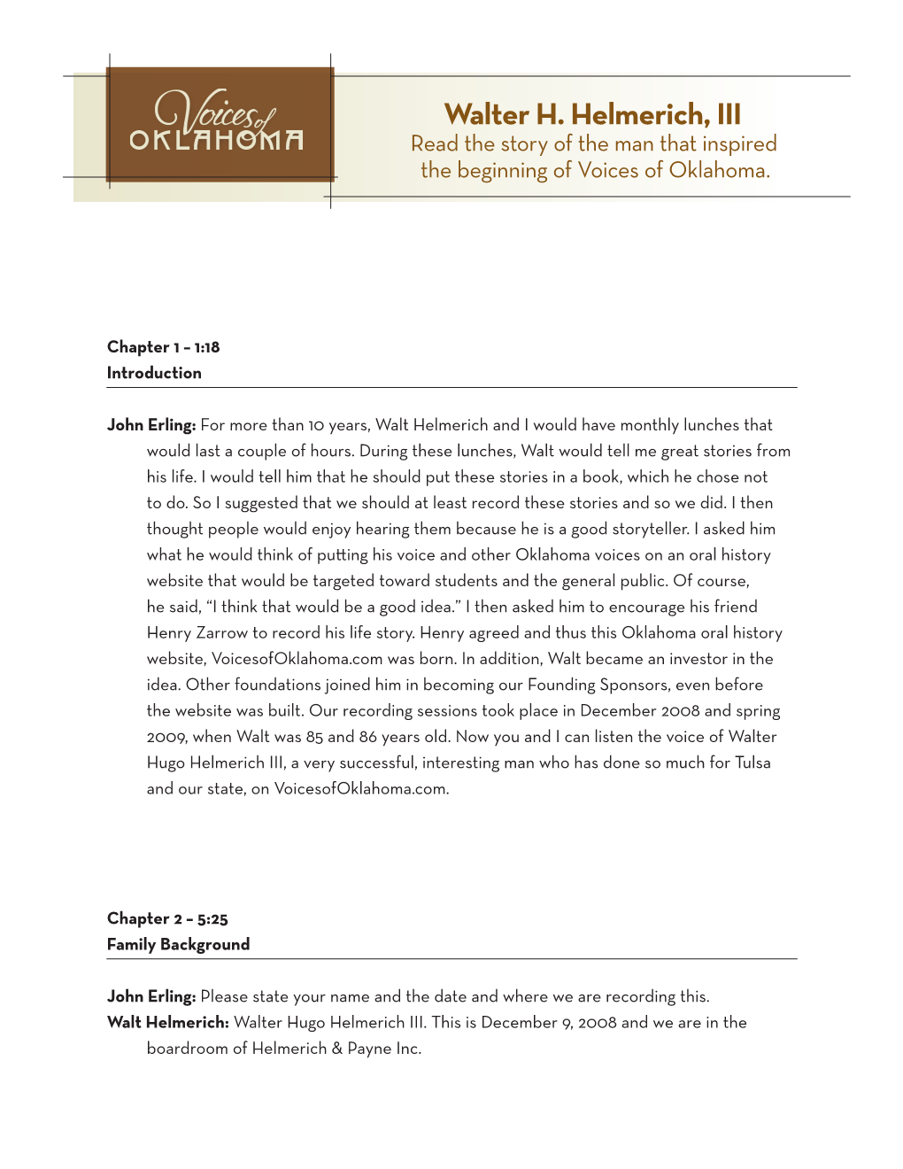 Walter H. Helmerich, III Read the Story of the Man That Inspired the Beginning of Voices of Oklahoma