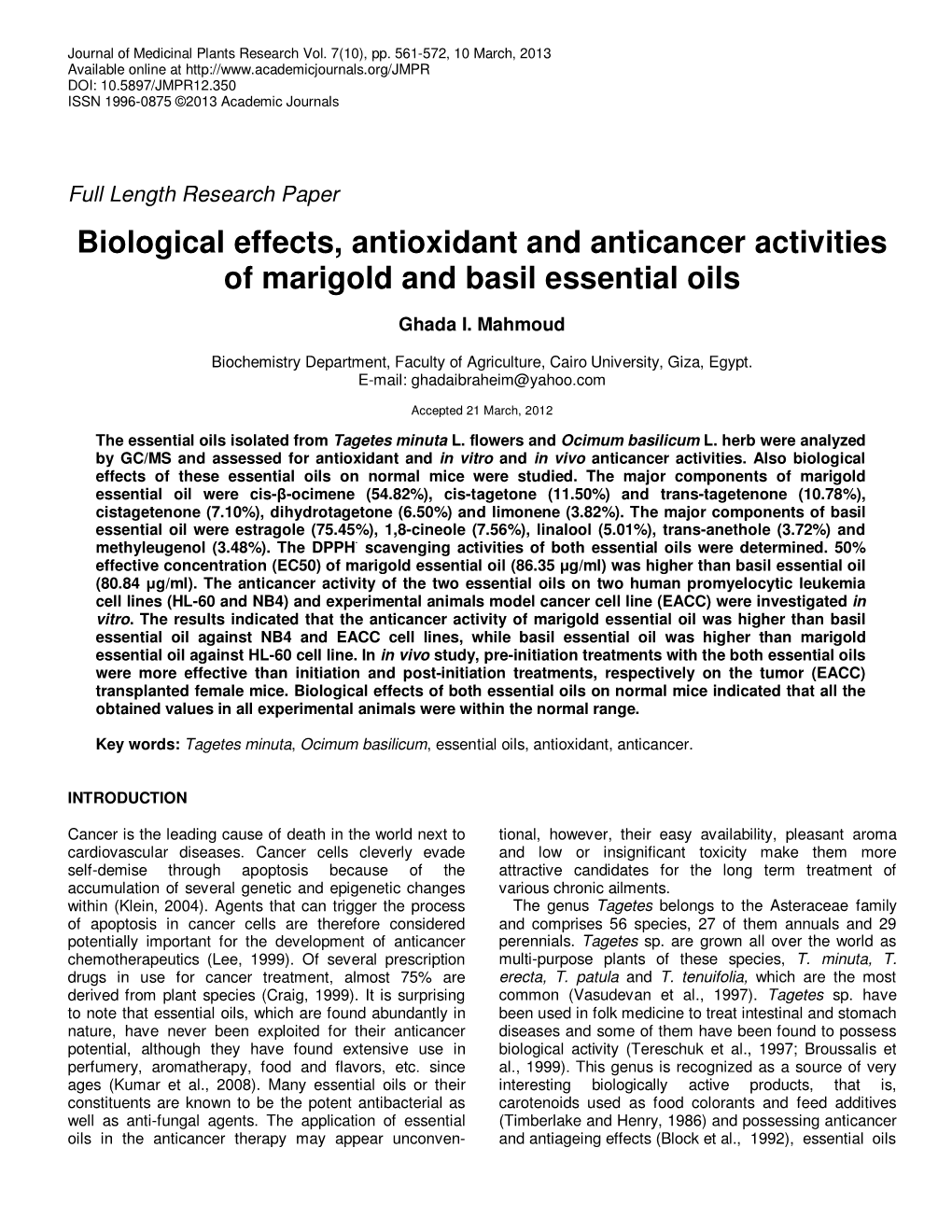 Biological Effects, Antioxidant and Anticancer Activities of Marigold and Basil Essential Oils