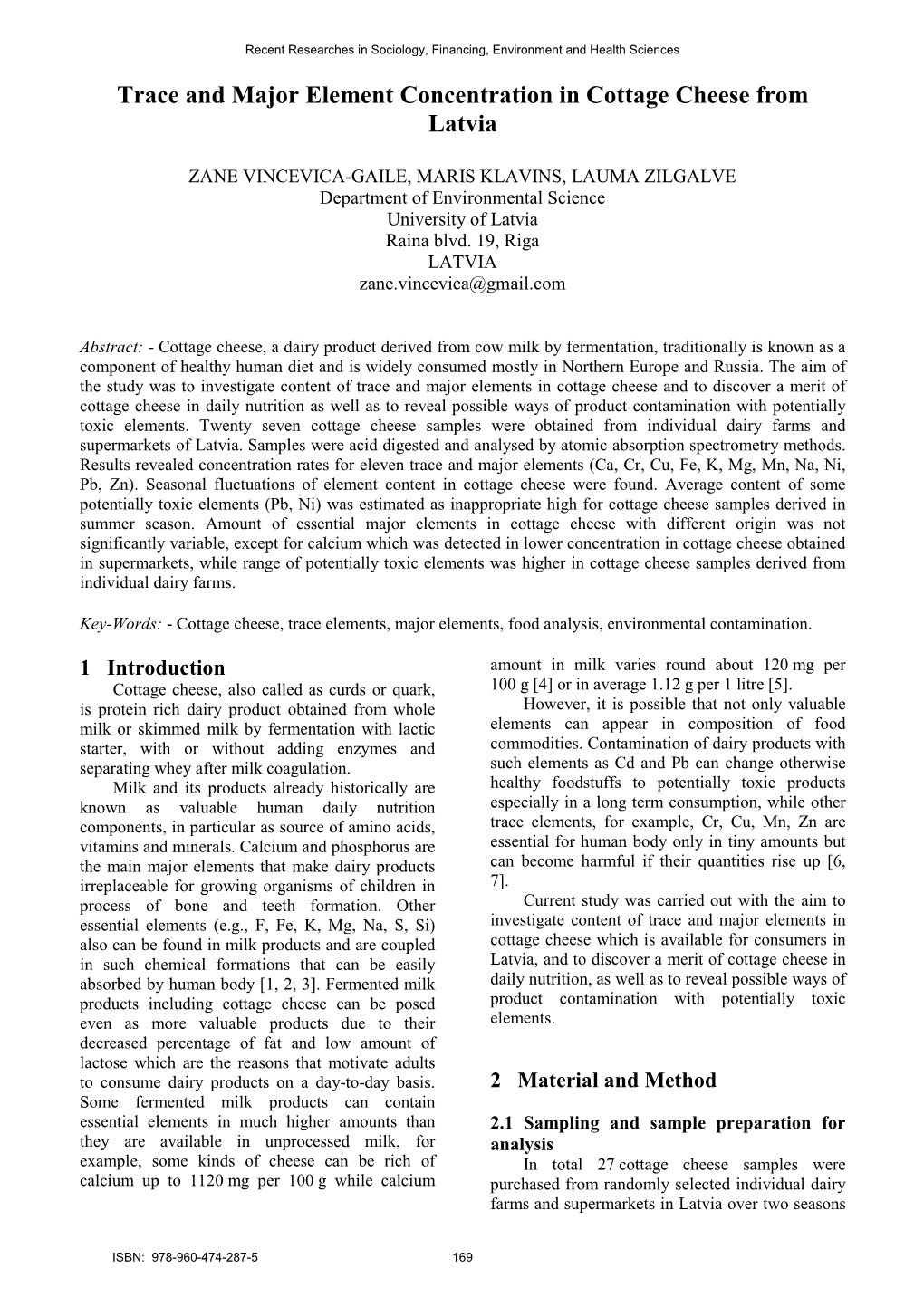 Trace and Major Element Concentration in Cottage Cheese from Latvia