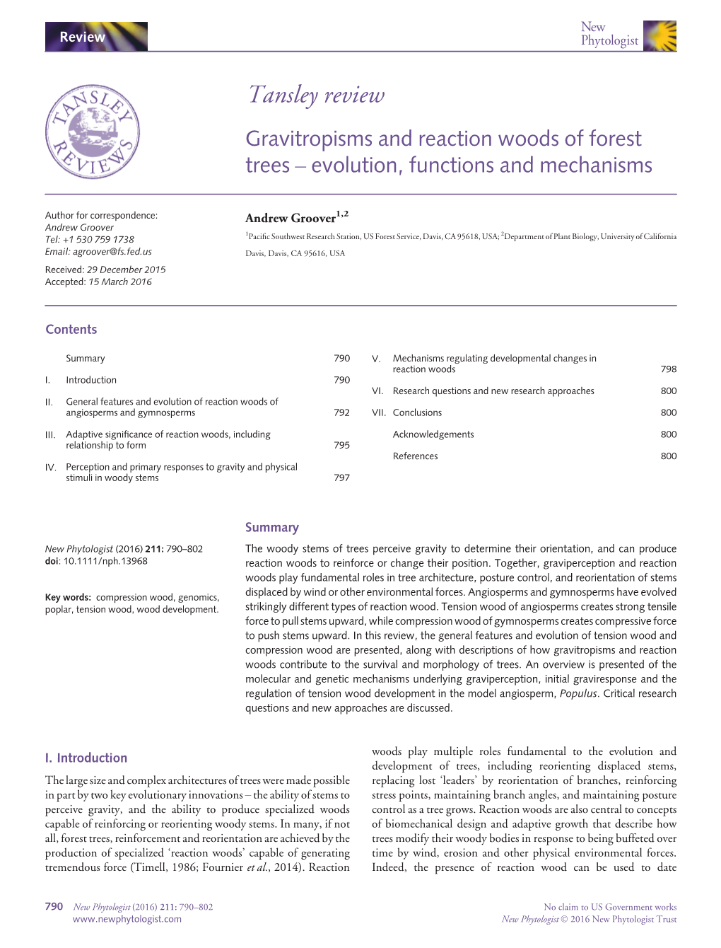 Gravitropisms and Reaction Woods of Forest Trees – Evolution, Functions and Mechanisms