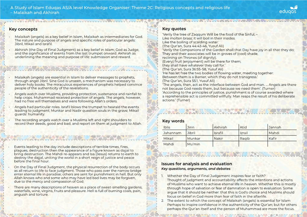 A Study of Islam Eduqas AS/A Level Knowledge Organiser: Theme 2C: Religious Concepts and Religious Life – Malaikah and Akhirah