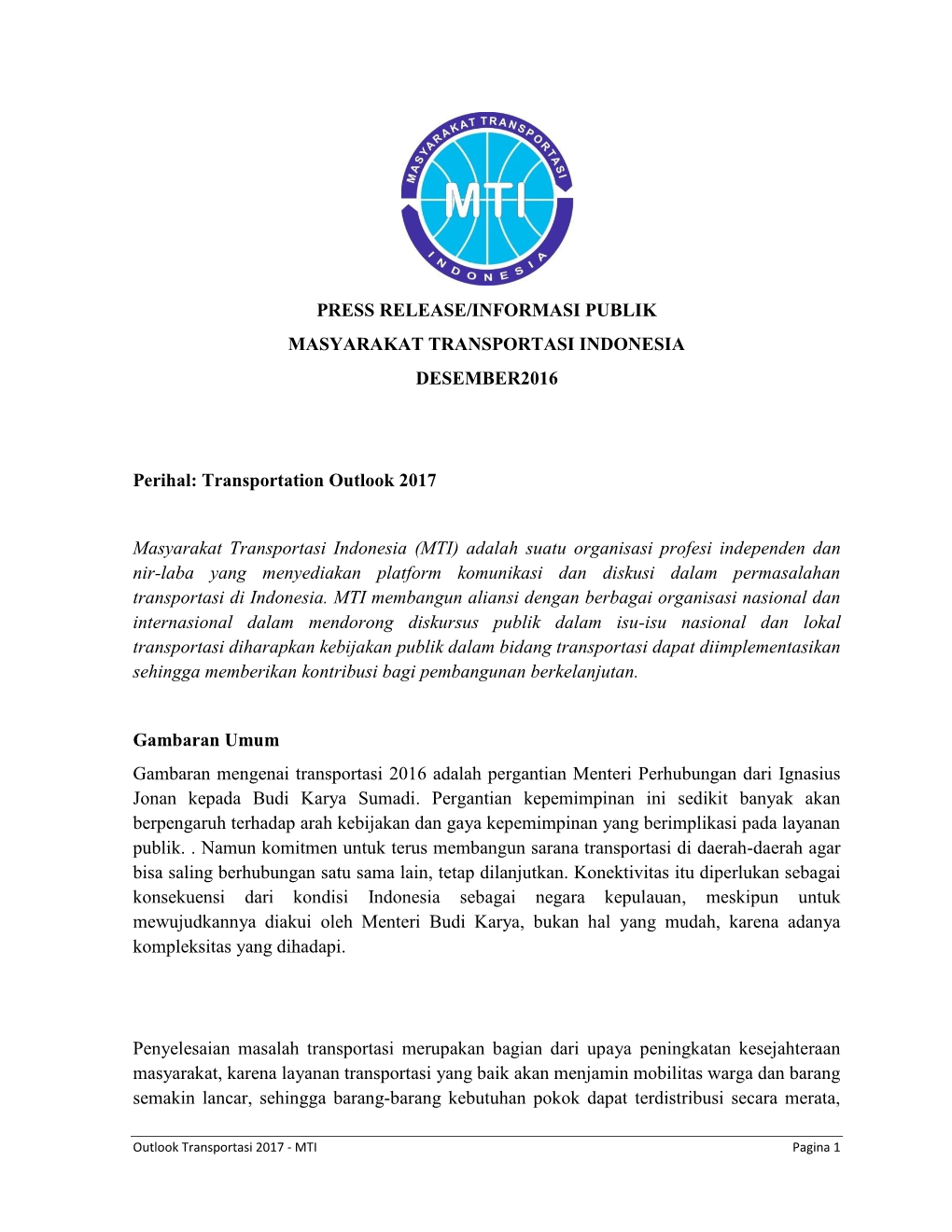 Press Release/Informasi Publik Masyarakat Transportasi Indonesia Desember2016