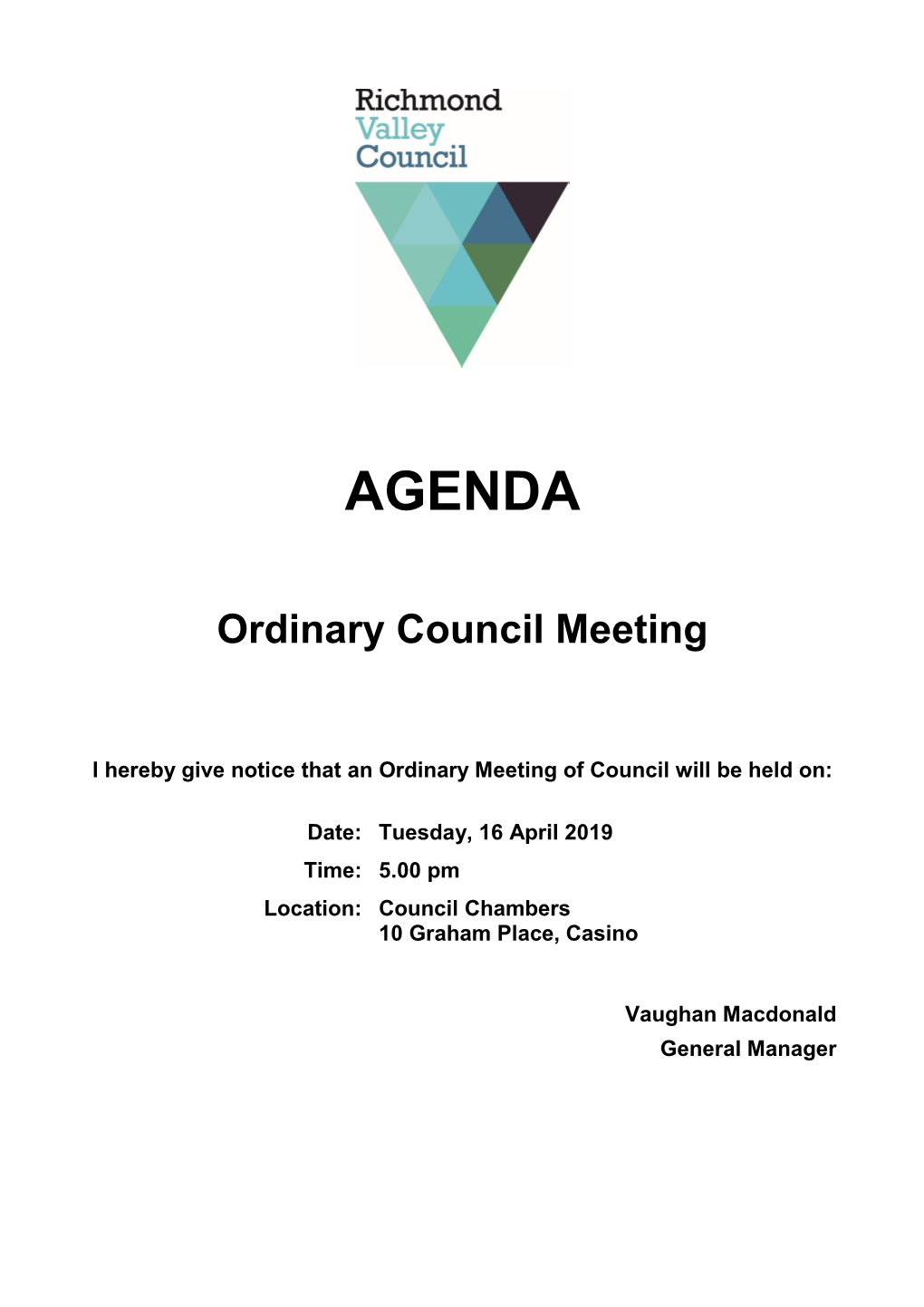 Agenda of Ordinary Council Meeting