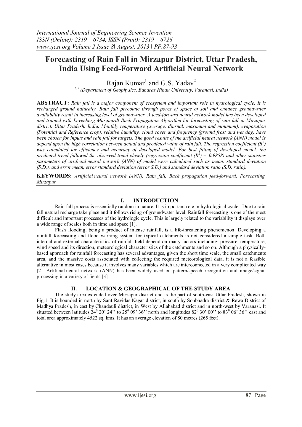 Forecasting of Rain Fall in Mirzapur District, Uttar Pradesh, India Using Feed-Forward Artificial Neural Network