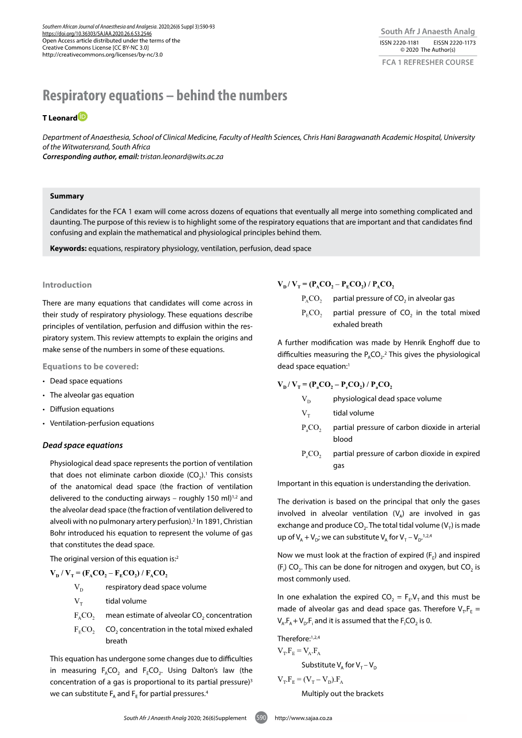 Respiratory Equations – Behind the Numbers