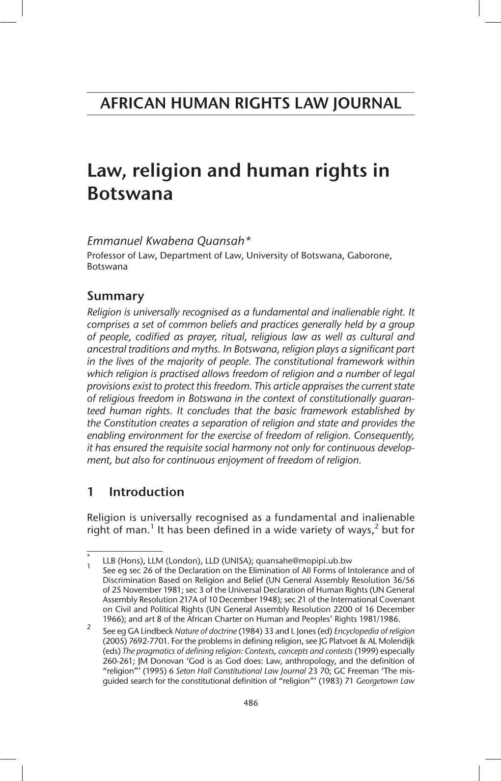 Law, Religion and Human Rights in Botswana