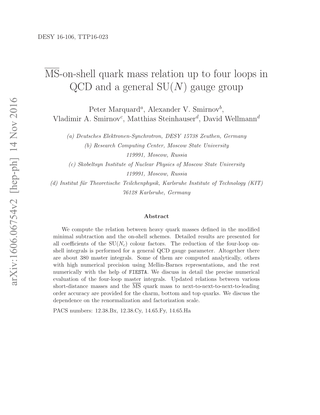 MS-On-Shell Quark Mass Relation up to Four Loops in QCD and a General SU