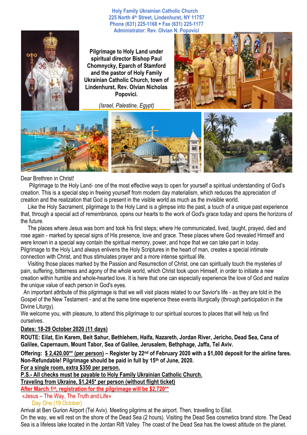 Pilgrimage to Holy Land Under Spiritual Director Bishop Paul