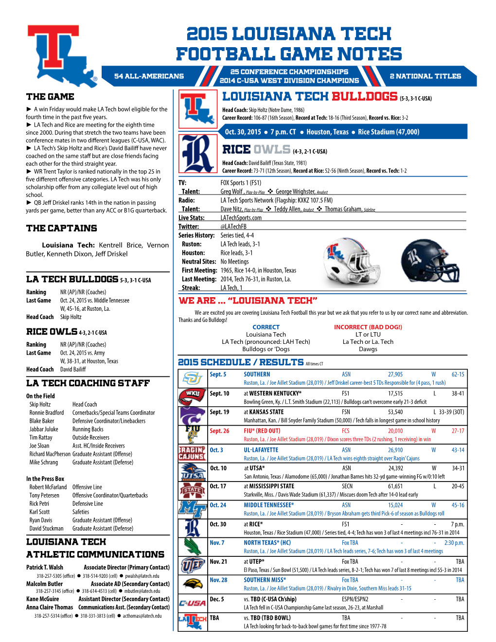 2015 Louisiana Tech Football Game Notes 25 Conference Championships 54 All-Americans 2 National Titles 2014 C-Usa West Division Champions
