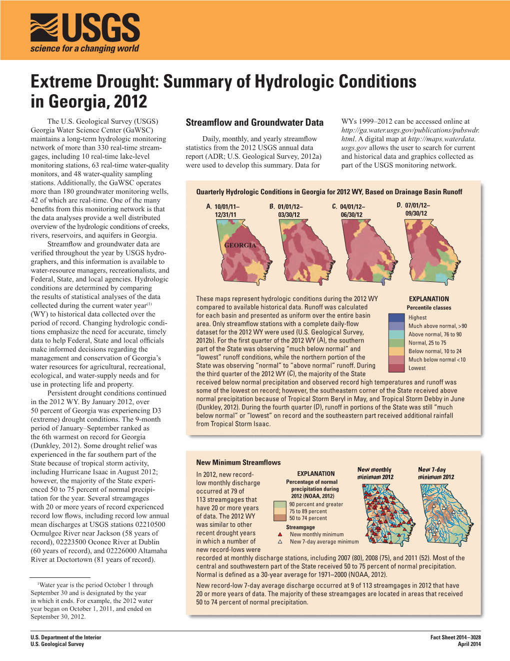 Extreme Drought: Summary of Hydrologic Conditions in Georgia, 2012 the U.S