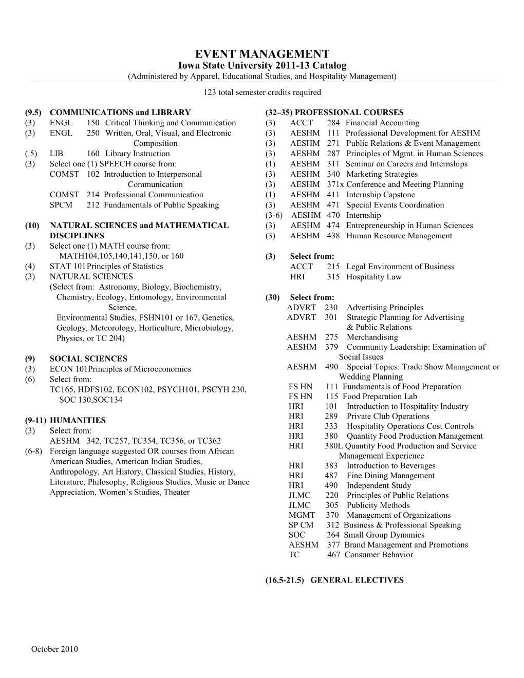 Curriculum Sheet Hri 97-99Catalog