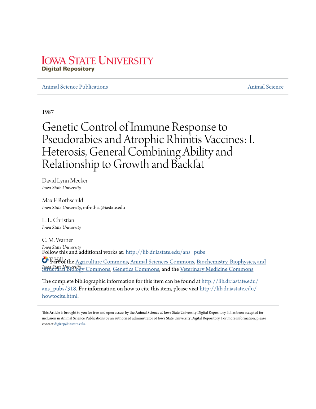 Genetic Control of Immune Response to Pseudorabies and Atrophic Rhinitis Vaccines: I