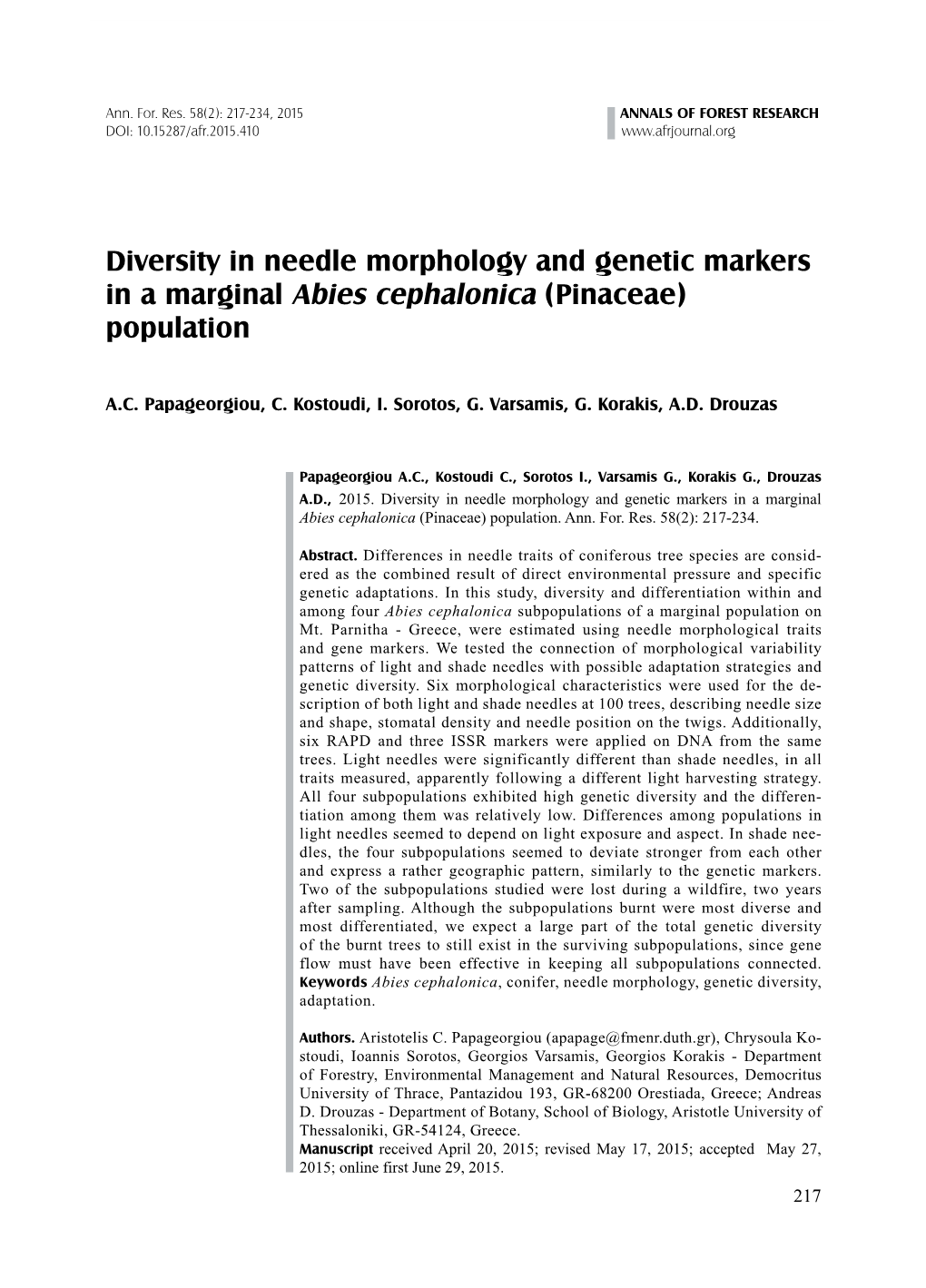 Diversity in Needle Morphology and Genetic Markers in a Marginal Abies Cephalonica (Pinaceae) Population