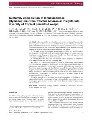 Subfamily Composition of Ichneumonidae (Hymenoptera) from Western Amazonia: Insights Into Diversity of Tropical Parasitoid Wasps