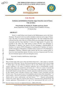 Isolation and Definition of Marine Algae from the Coast of Sousa City in Libya