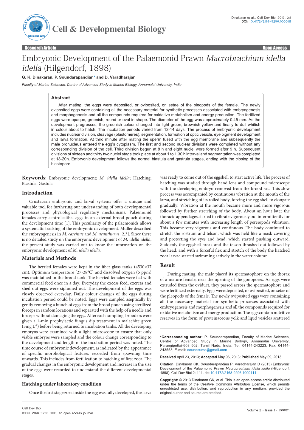 Embryonic Development of the Palaemonid Prawn Macrobrachium Idella Idella (Hilgendorf, 1898) G