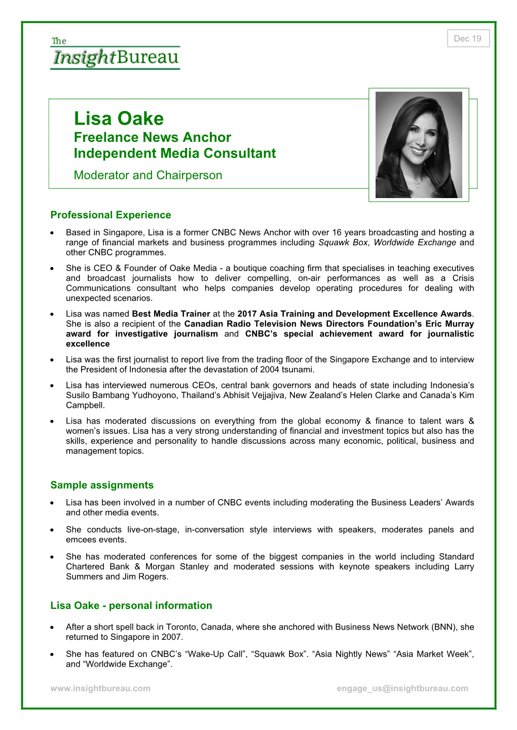Lisa Oake Freelance News Anchor Independent Media Consultant