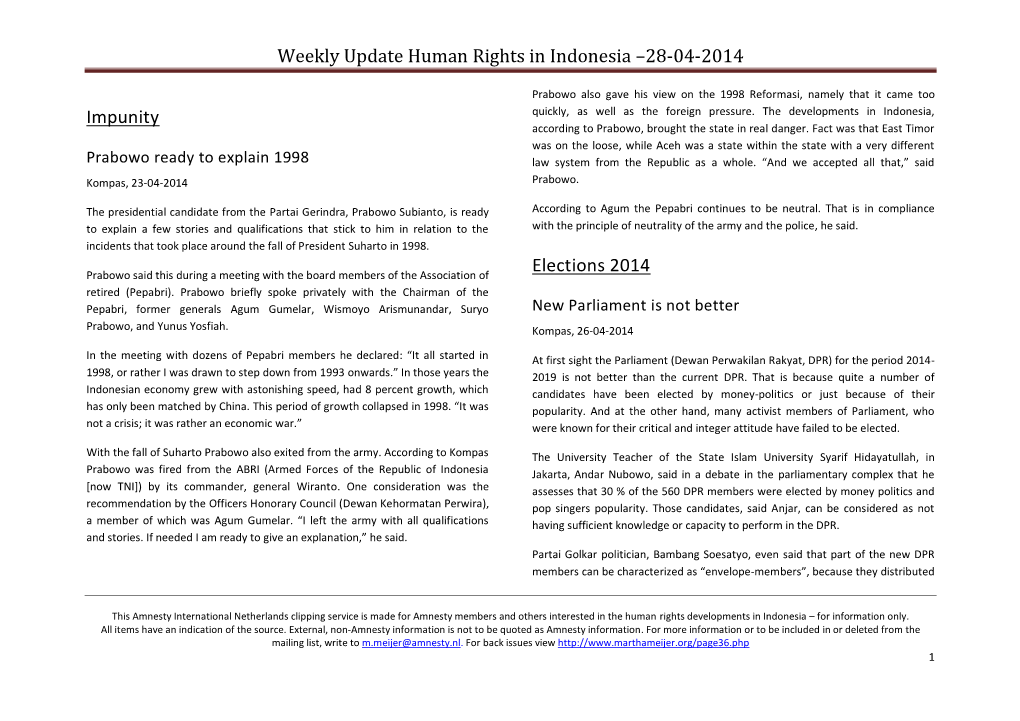 Weekly Update Human Rights in Indonesia –28-04-2014 Impunity