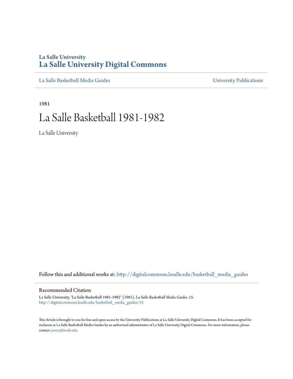 La Salle Basketball 1981-1982 La Salle University