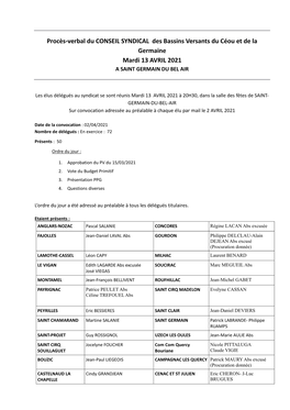 Procès-Verbal Du CONSEIL SYNDICAL Des Bassins Versants Du Céou Et De La Germaine Mardi 13 AVRIL 2021 a SAINT GERMAIN DU BEL AIR