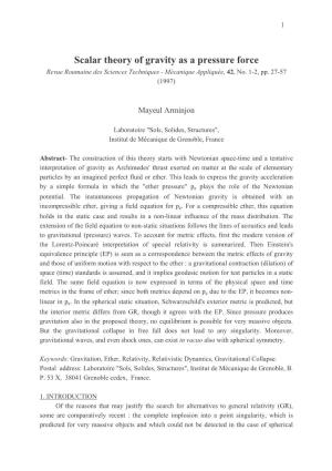 Scalar Theory of Gravity As a Pressure Force Revue Roumaine Des Sciences Techniques - Mécanique Appliquée, 42, No
