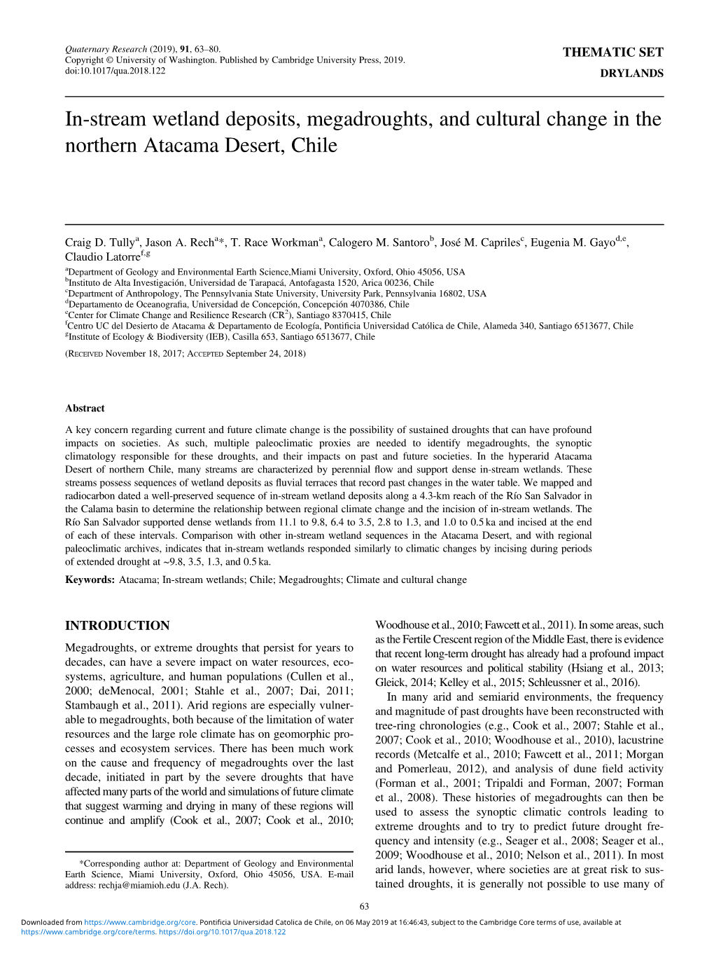 In-Stream Wetland Deposits, Megadroughts, and Cultural Change in the Northern Atacama Desert, Chile