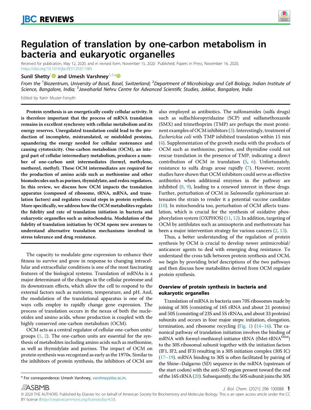 Regulation of Translation by One-Carbon Metabolism in Bacteria