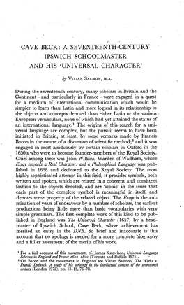 Cave Beck: a Seventeenth-Century •Ipswich Schoolmaster� and His 'Universal Character'