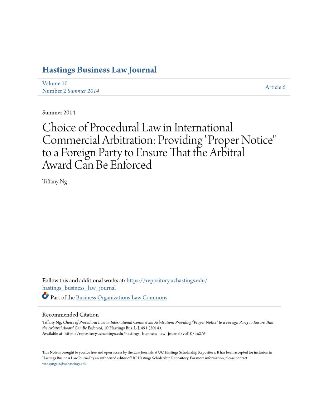 Choice of Procedural Law in International Commercial Arbitration: Providing 